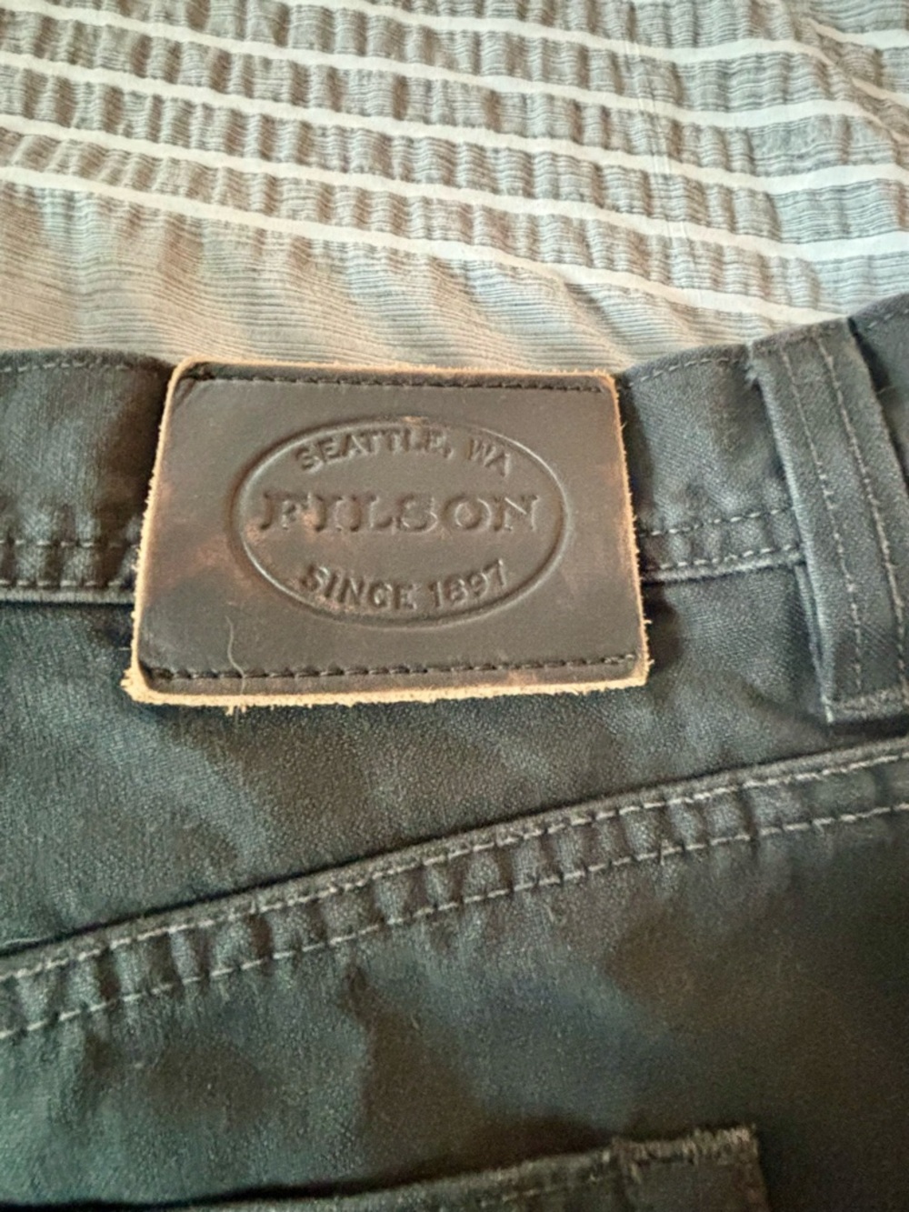 Filson “raven” color - grey-plaid flannel lined  Pants with Leather Logo Tag